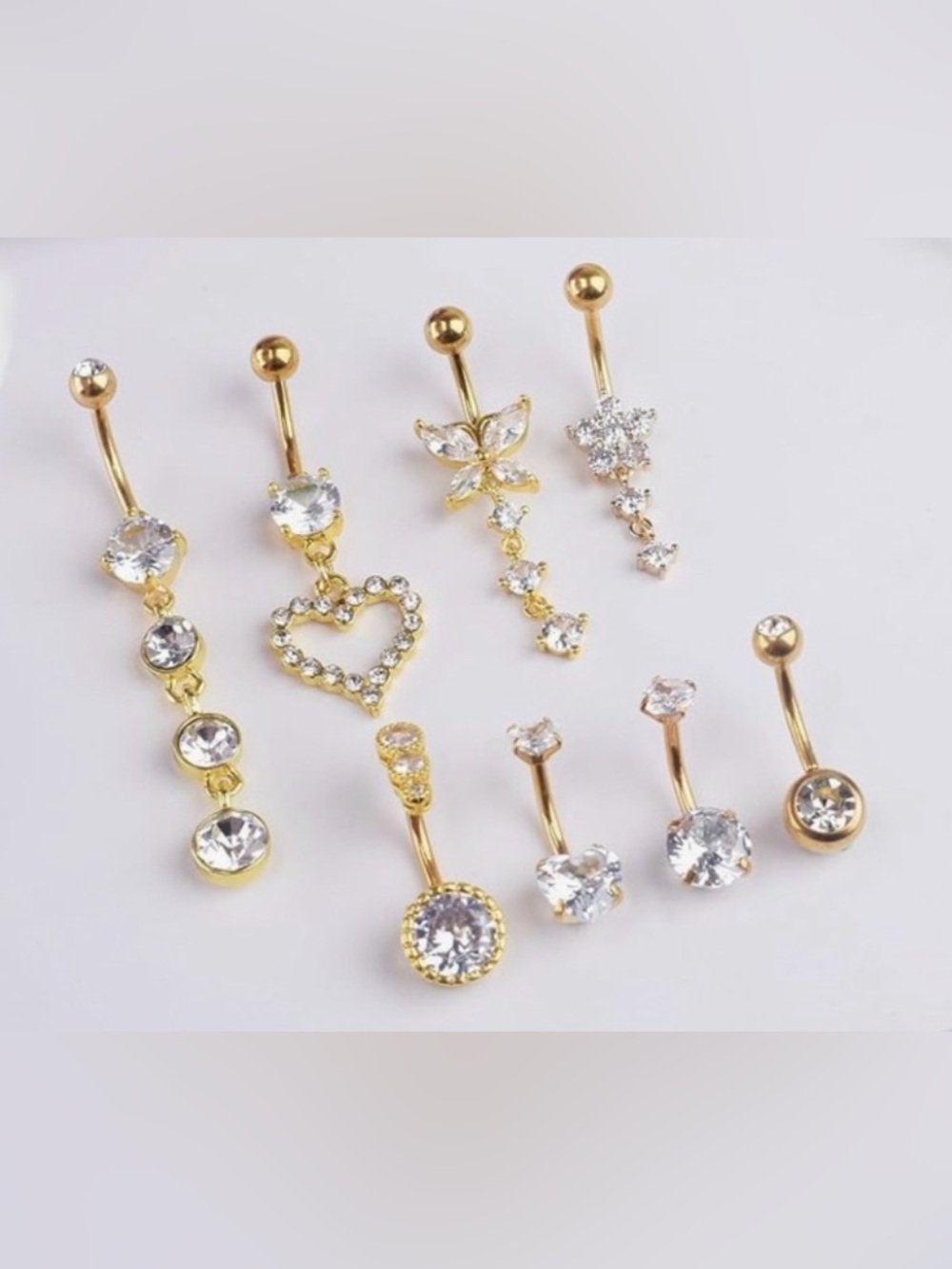 Gold Crystal Dangle Belly Button Rings – 8-Pack - Picture 6 of 7